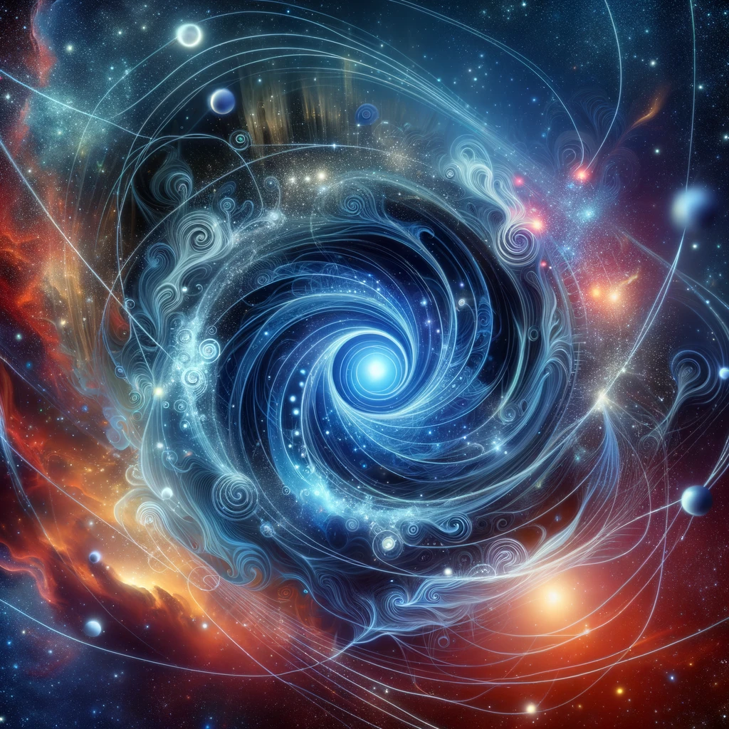 DAIllustration of an abstract quantum jump with swirling energies and patterns, set against a deep cosmic background filled with stars and nebulae