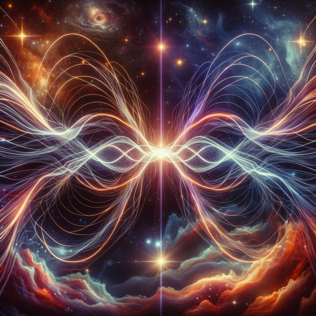 Render of a quantum leap visualized as intertwining waves of energy, juxtaposed against a mystic space backdrop with distant stars and nebulae